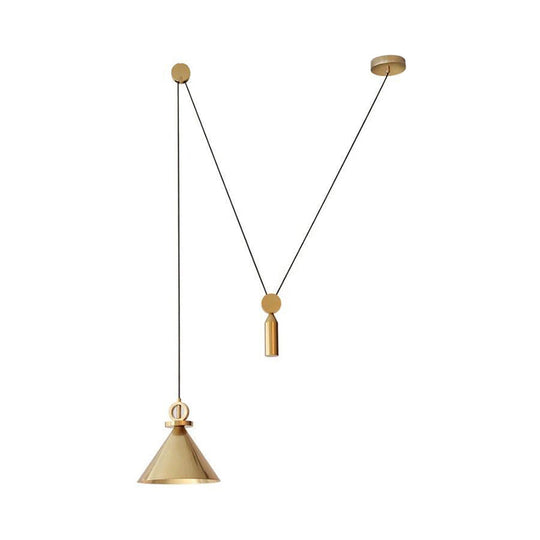 Modern Brass Conic Drop Pendant Kitchen Lamp With 1-Light And Pulley Suspension