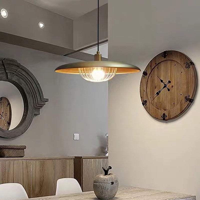 Nordic Saucer Metal Pendant Light With Cage - 1 Head Ceiling Lamp For Dining Room