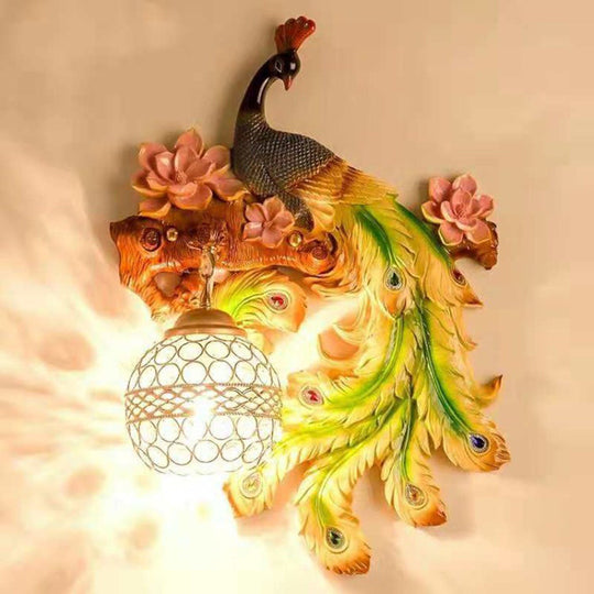 Rustic Peacock Wall Sconce Light With Crystal Globe Shade For Bedroom Green / Right