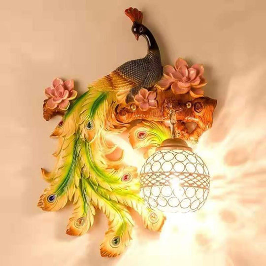 Rustic Peacock Wall Sconce Light With Crystal Globe Shade For Bedroom Green / Left