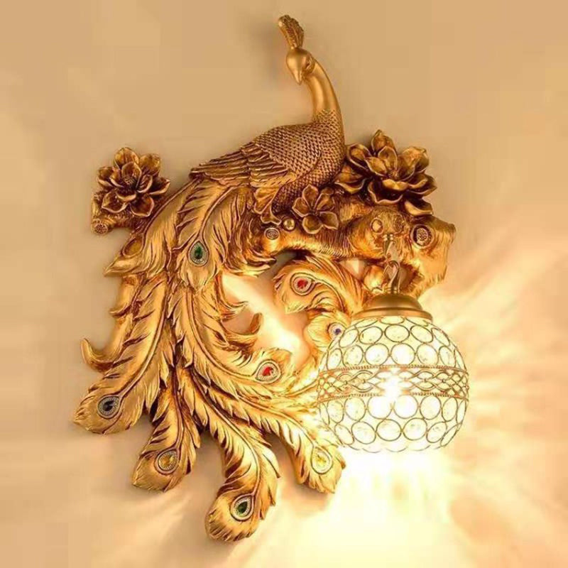 Rustic Peacock Wall Sconce Light With Crystal Globe Shade For Bedroom Gold / Left