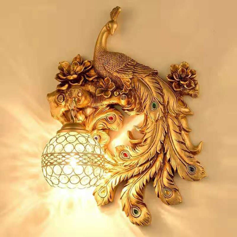 Rustic Peacock Wall Sconce Light With Crystal Globe Shade For Bedroom Gold / Right