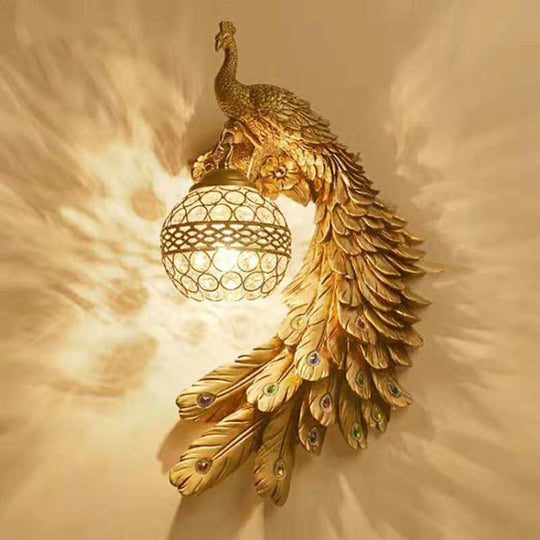 Peacock Resin Wall Sconce With Crystal Embedded Globe Shade