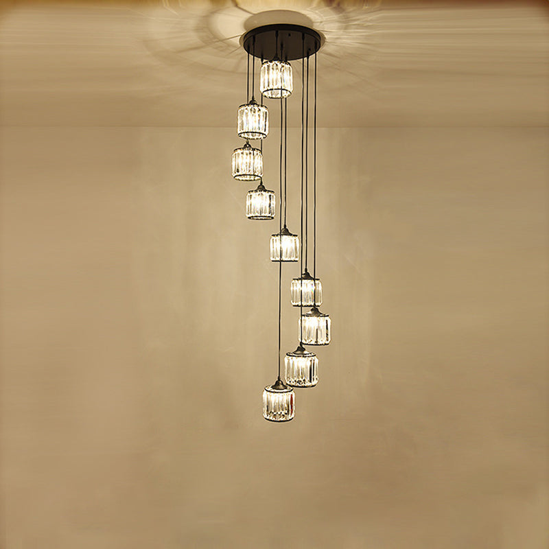 Black Rustic Drum Shade Crystal Pendant - Multi Light Down Lighting For Dining Room