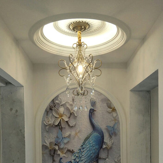 Country Style 1-Light Metal Hanging Ceiling Light With Crystal Droplet For Corridor