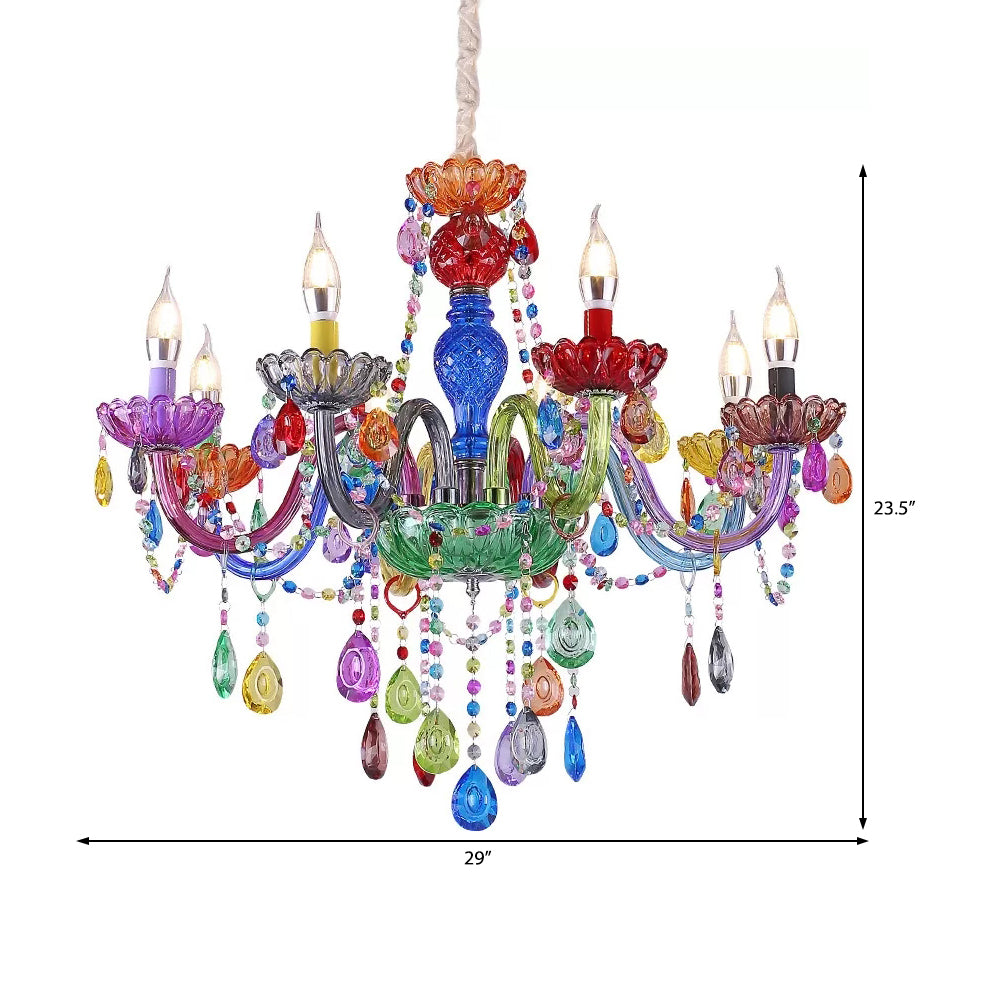 Multi-Colored Glass Chandelier With Teardrop Crystals For Kids Room Pendant Lighting