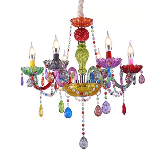 Multi-Colored Glass Chandelier With Teardrop Crystals For Kids Room Pendant Lighting