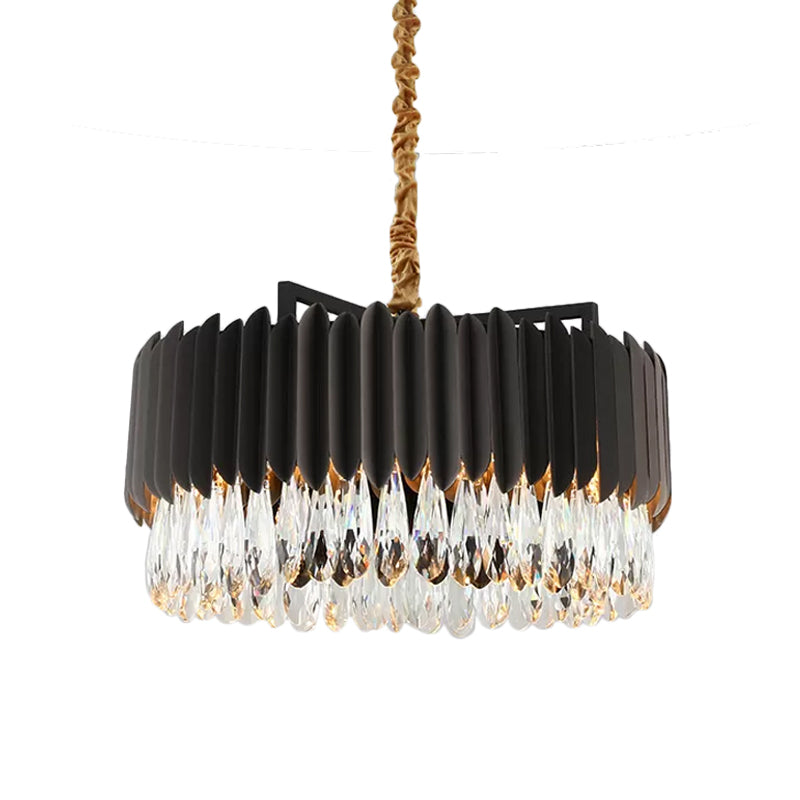 Minimalist Metal Drum Led Pendant Chandelier With Crystal Drip - 23.5/31.5 Width Black/Gold Black /