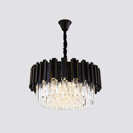 Modern Black Crystal Chandelier - Drum Shaped Pendant Lamp For Bedroom 8/12/16-Bulb Options