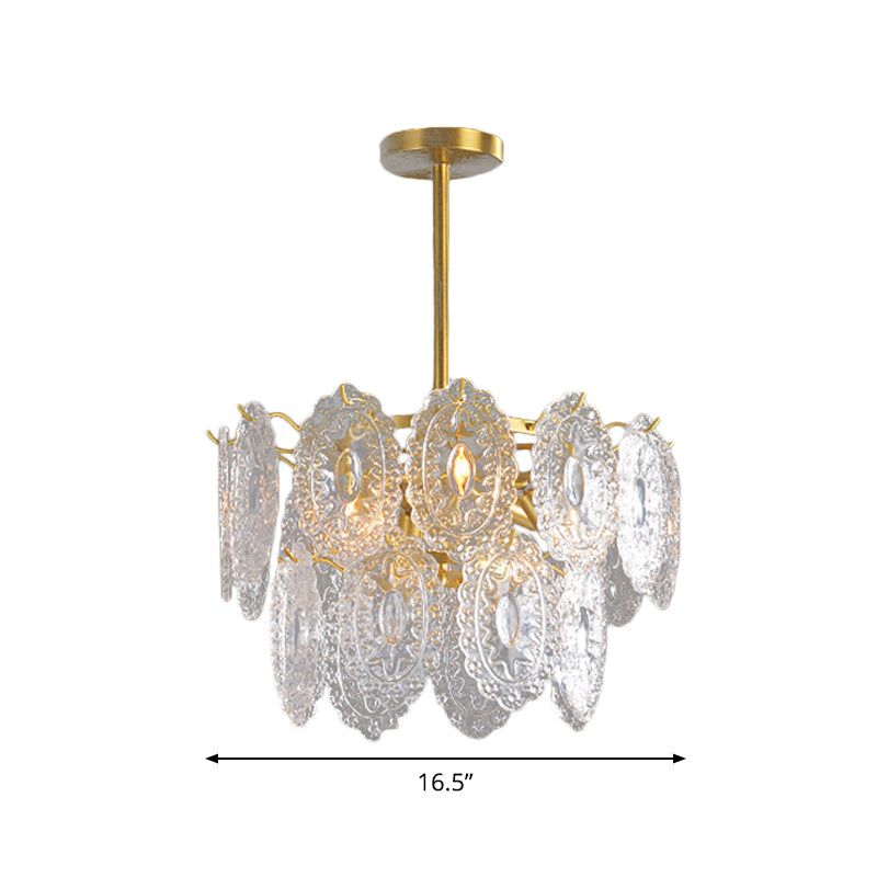 Scalloped Glass Chandelier - Modern Gold Pendant Light With 2/3/4 Tiers & 6/12/16 Bulbs For Dining