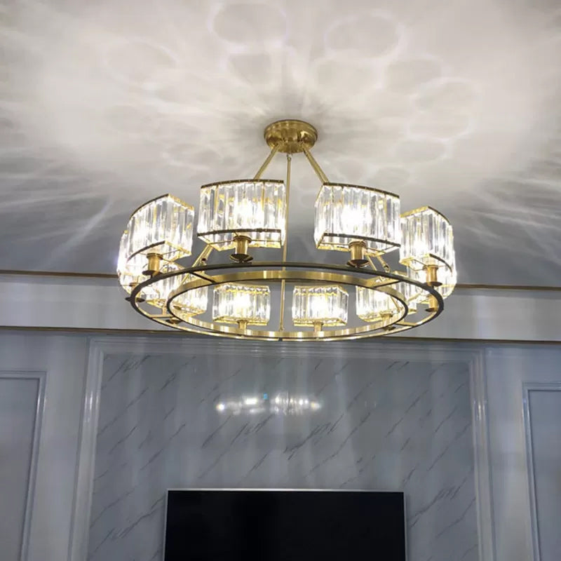 Modern Gold Circle Chandelier Pendant Light With Clear Crystal Prisms - 6/8/10 Bulb Dining Room