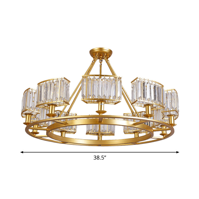 Modern Gold Circle Chandelier Pendant Light With Clear Crystal Prisms - 6/8/10 Bulb Dining Room