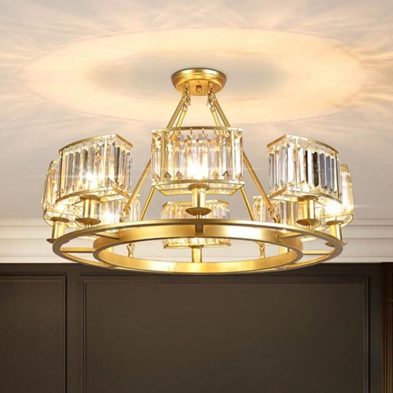 Modern Gold Circle Chandelier Pendant Light With Clear Crystal Prisms - 6/8/10 Bulb Dining Room