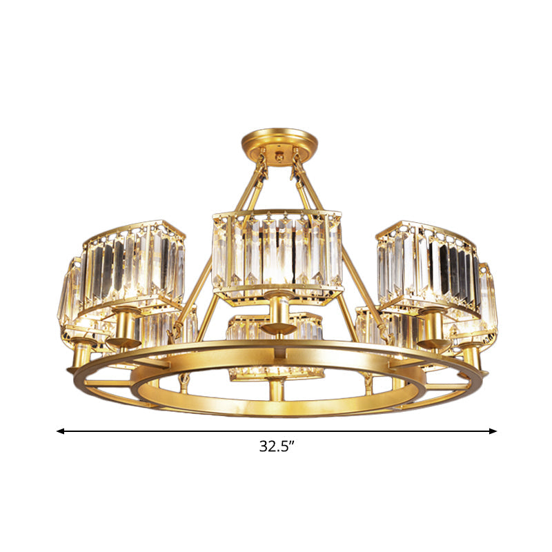 Modern Gold Circle Chandelier Pendant Light With Clear Crystal Prisms - 6/8/10 Bulb Dining Room
