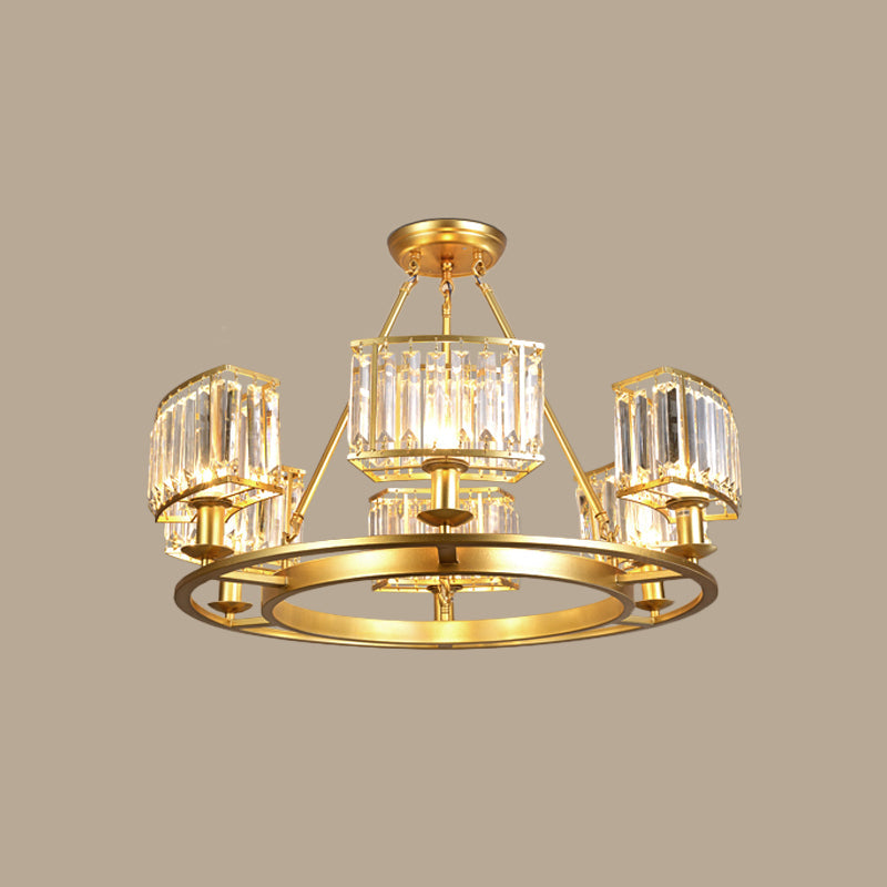Modern Gold Circle Chandelier Pendant Light With Clear Crystal Prisms - 6/8/10 Bulb Dining Room