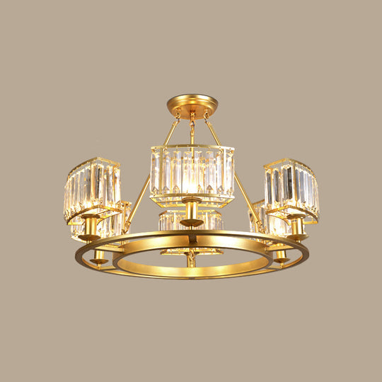 Modern Gold Circle Chandelier Pendant Light With Clear Crystal Prisms - 6/8/10 Bulb Dining Room