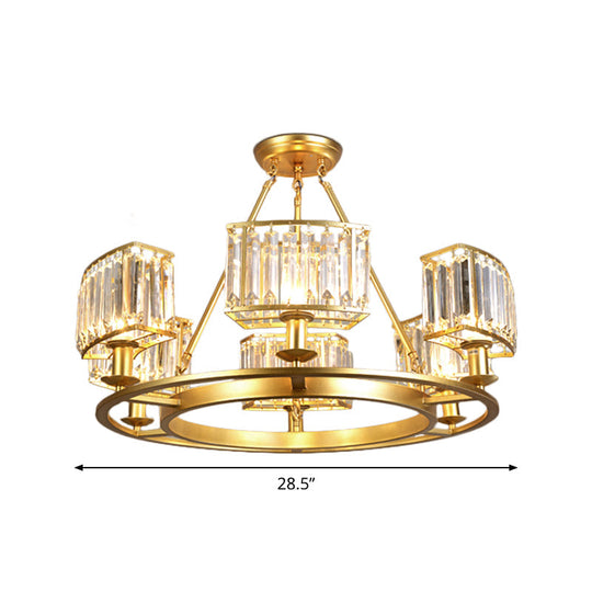Modern Gold Circle Chandelier Pendant Light With Clear Crystal Prisms - 6/8/10 Bulb Dining Room