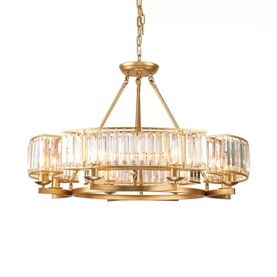 Modern Gold Circle Chandelier Pendant Light With Clear Crystal Prisms - 6/8/10 Bulb Dining Room