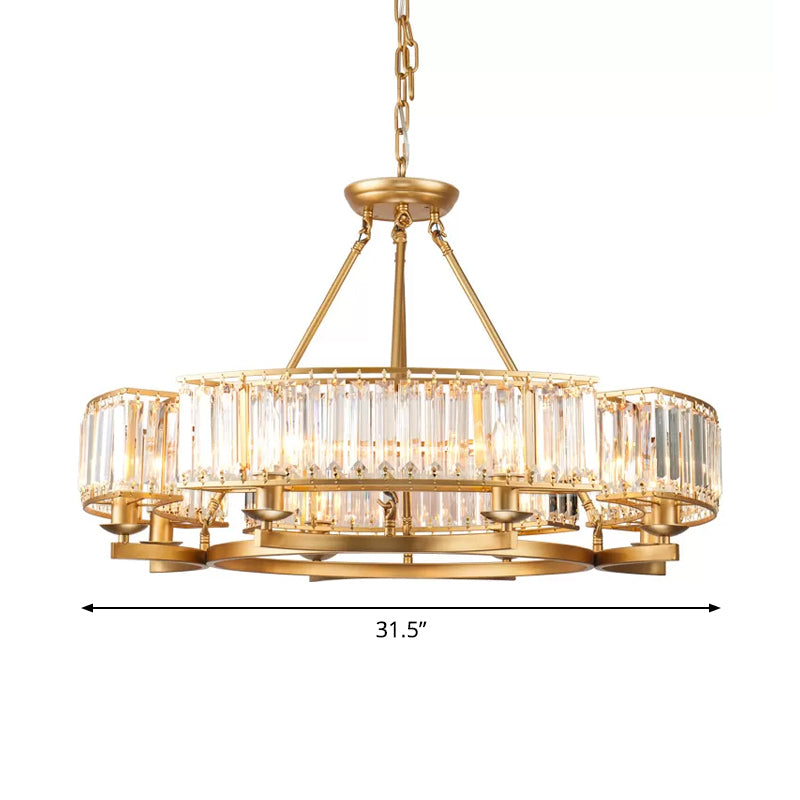 Modern Gold Circle Chandelier Pendant Light With Clear Crystal Prisms - 6/8/10 Bulb Dining Room