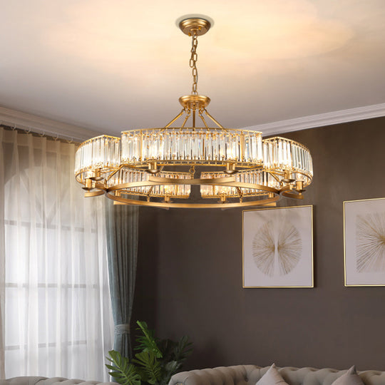 Modern Gold Circle Chandelier Pendant Light With Clear Crystal Prisms - 6/8/10 Bulb Dining Room