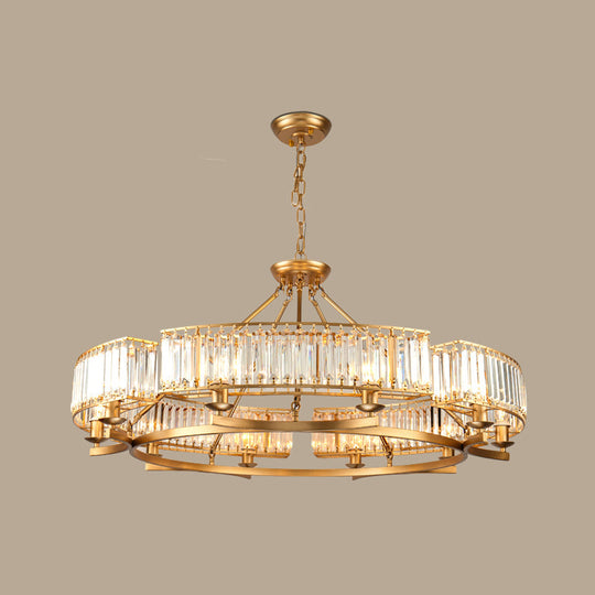 Modern Gold Circle Chandelier Pendant Light With Clear Crystal Prisms - 6/8/10 Bulb Dining Room