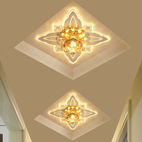 Lotus Clear Crystal Led Flush Mount: Modern Style Close To Ceiling Lighting For Corridors