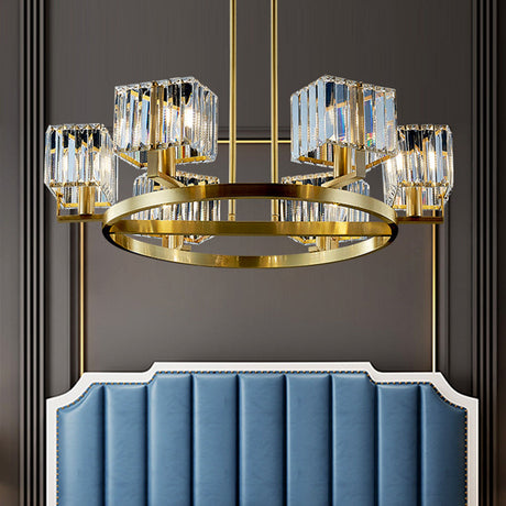 Gold Crystal Chandelier With 4/8/10 Bulb Rectangle Pendant Lamp For Modern Dining Room