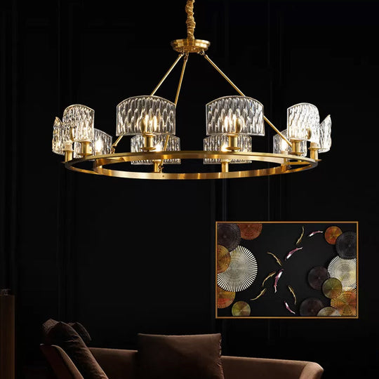 Mid-Century Textured Glass Circle Pendant Light With 6/8/10 Lights In Gold For Living Room
