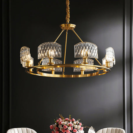 Mid-Century Textured Glass Circle Pendant Light With 6/8/10 Lights In Gold For Living Room
