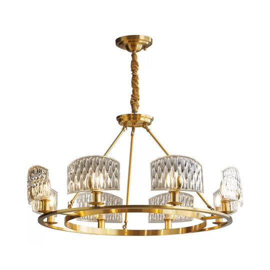 Mid-Century Textured Glass Circle Pendant Light With 6/8/10 Lights In Gold For Living Room