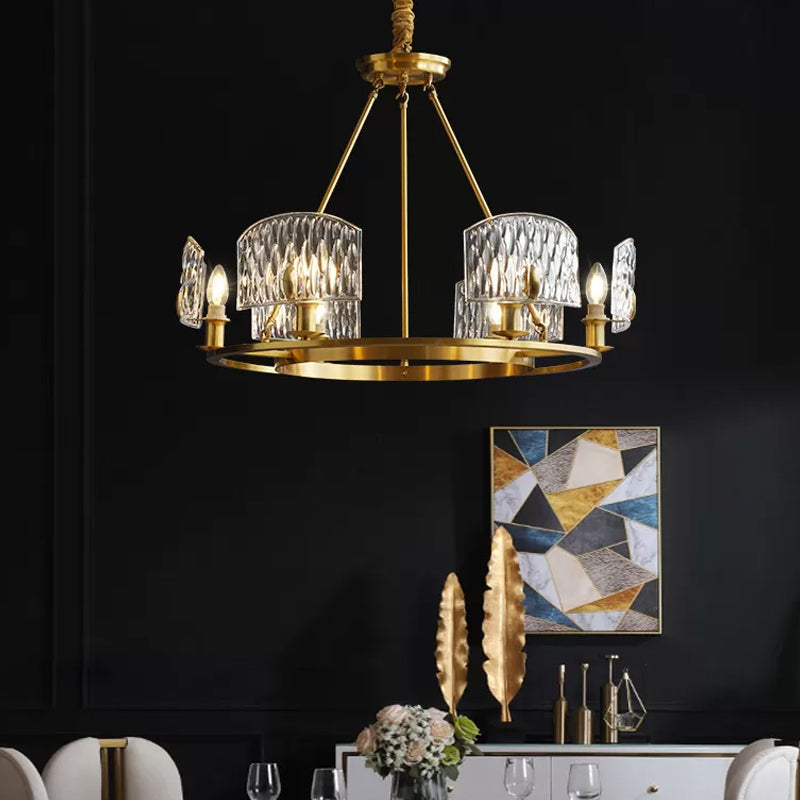 Gold Textured Glass Circle Pendant Light - Mid-Century Chandelier With 6/8/10 Lights For Living Room
