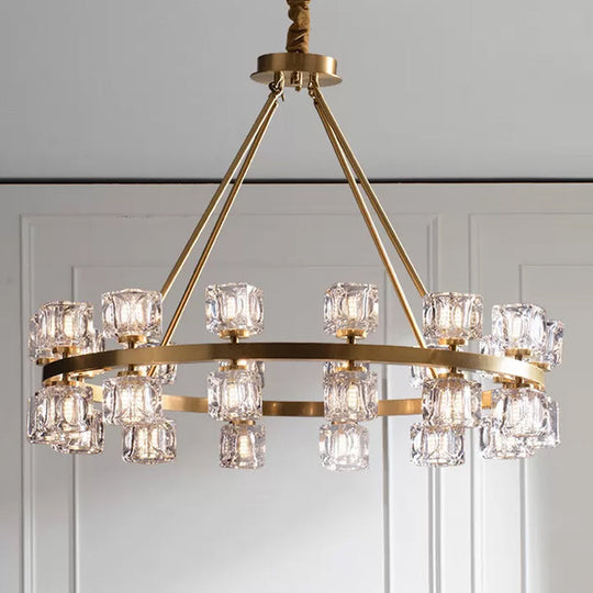 Postmodern Crystal Cube Gold Chandelier - Circle Dining Pendant With 6/12/28 Lights