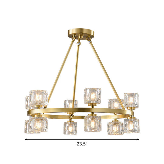 Postmodern Crystal Cube Gold Chandelier - Circle Dining Pendant With 6/12/28 Lights