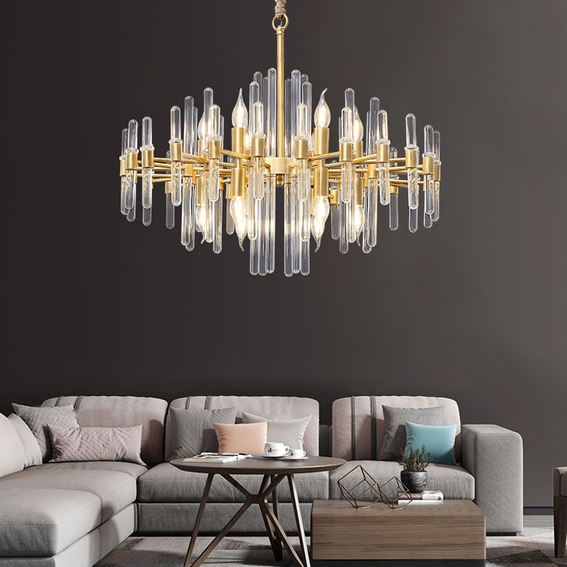 Crystal Rod Drop Chandelier Light - 10 Heads Postmodern Brass Radial Design For Living Room