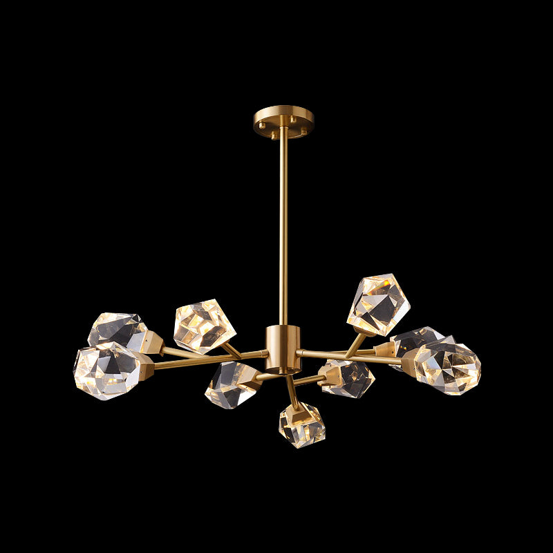 Modern Brass Gem Shaped Clear Crystal Pendant Chandelier - 9-Bulb Light Fixture For Living Room