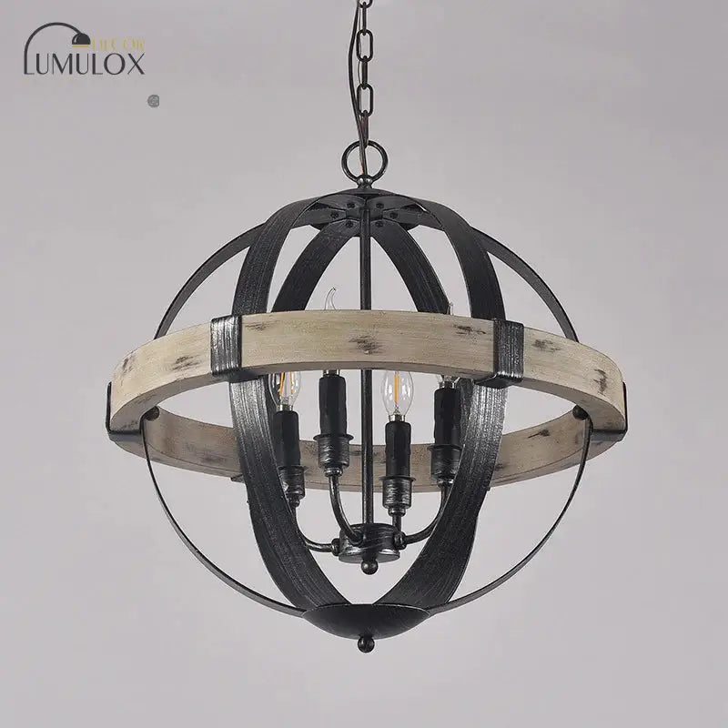 Country Style Wood Strap Globe Pendant Chandelier In Black 4 /