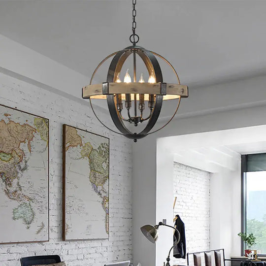 Country Style Wood Strap Globe Pendant Chandelier In Black