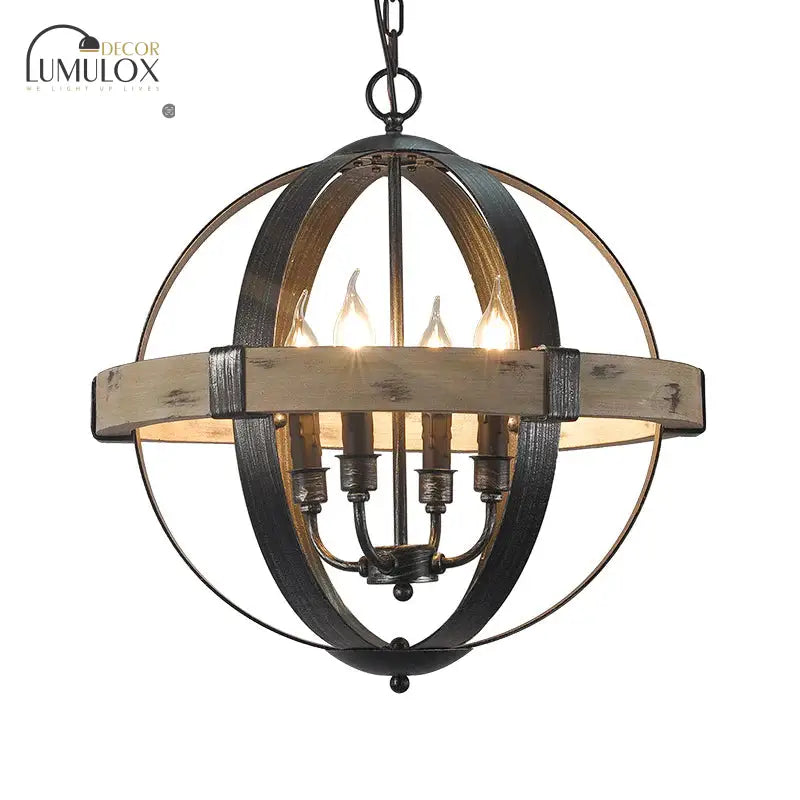 Country Style Wood Strap Globe Pendant Chandelier In Black