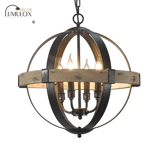 Country Style Wood Strap Globe Pendant Chandelier In Black