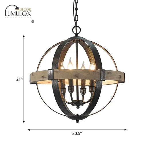 Country Style Wood Strap Globe Pendant Chandelier In Black