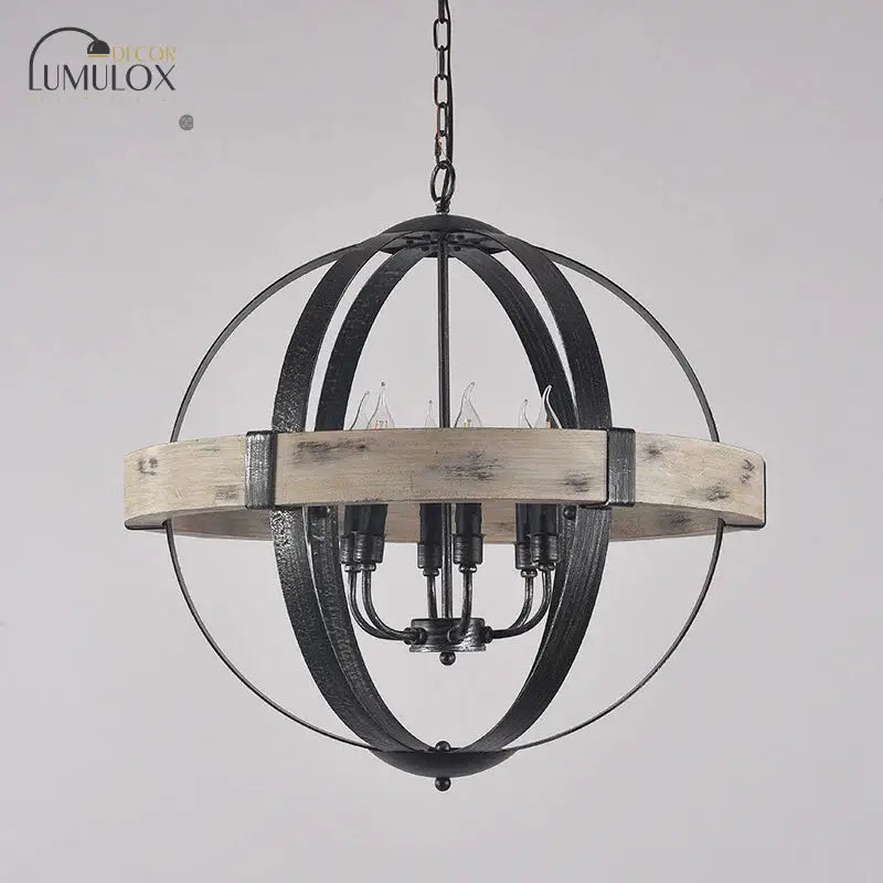 Country Style Wood Strap Globe Pendant Chandelier In Black
