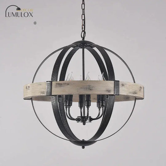 Country Style Wood Strap Globe Pendant Chandelier In Black