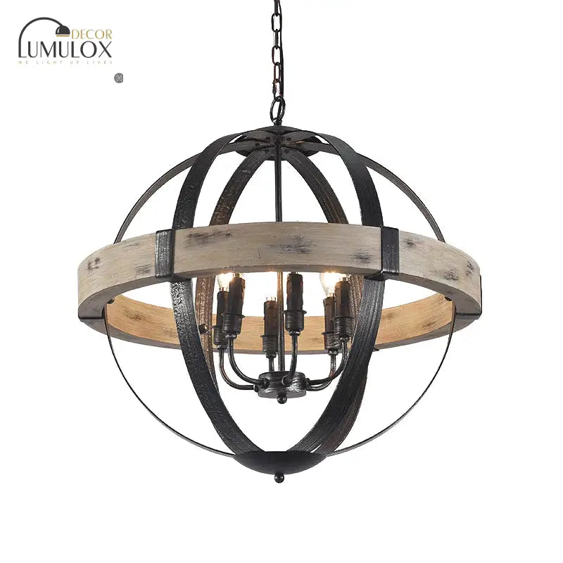 Country Style Wood Strap Globe Pendant Chandelier In Black
