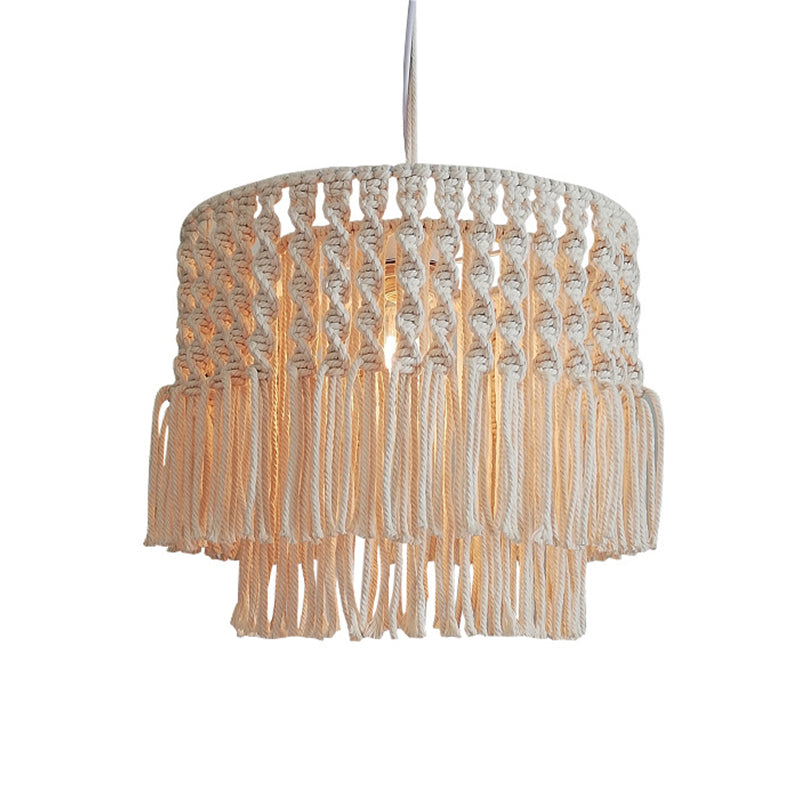 Rustic Jute Rope Fringe Ceiling Lamp - 1-Light Living Room Pendant Light In Beige