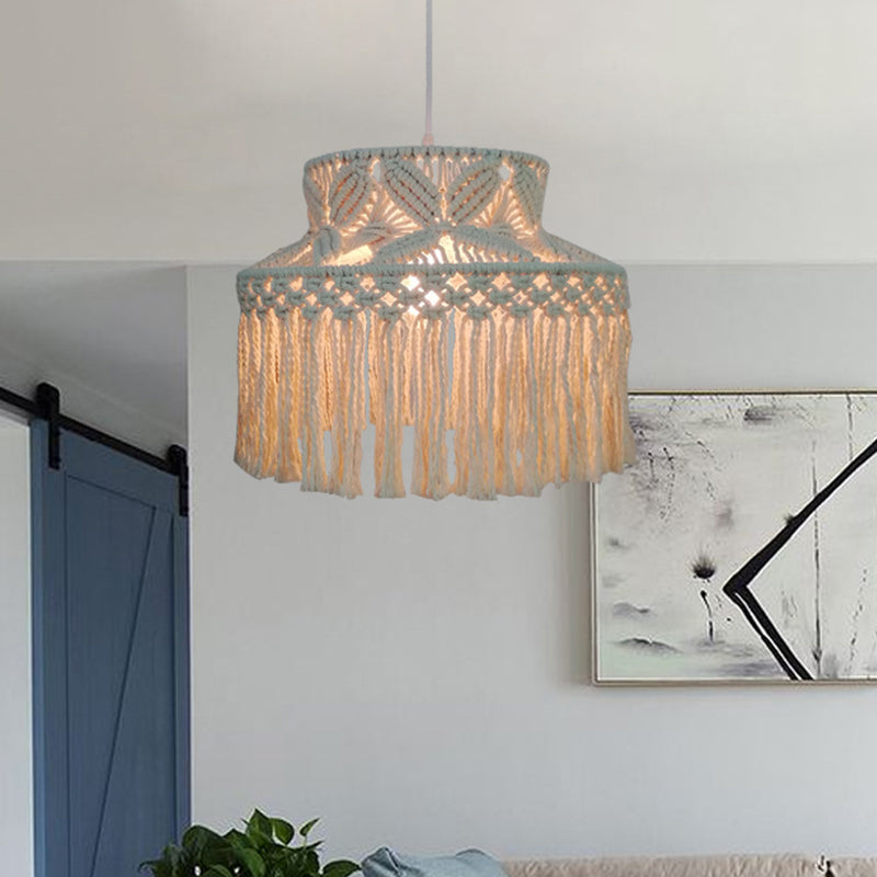 Barn Pendant Light - Traditional Beige Hemp Rope Suspension Fixture With Tassel Fringe