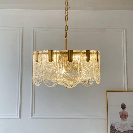 Clear Textured Glass Brass Drop Lamp - Scalloped Chandelier For Classic Dining Room