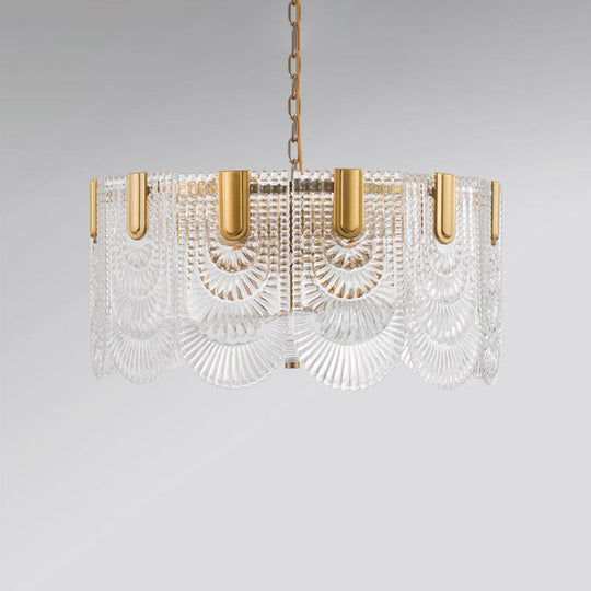 Clear Textured Glass Brass Drop Lamp - Scalloped Chandelier For Classic Dining Room