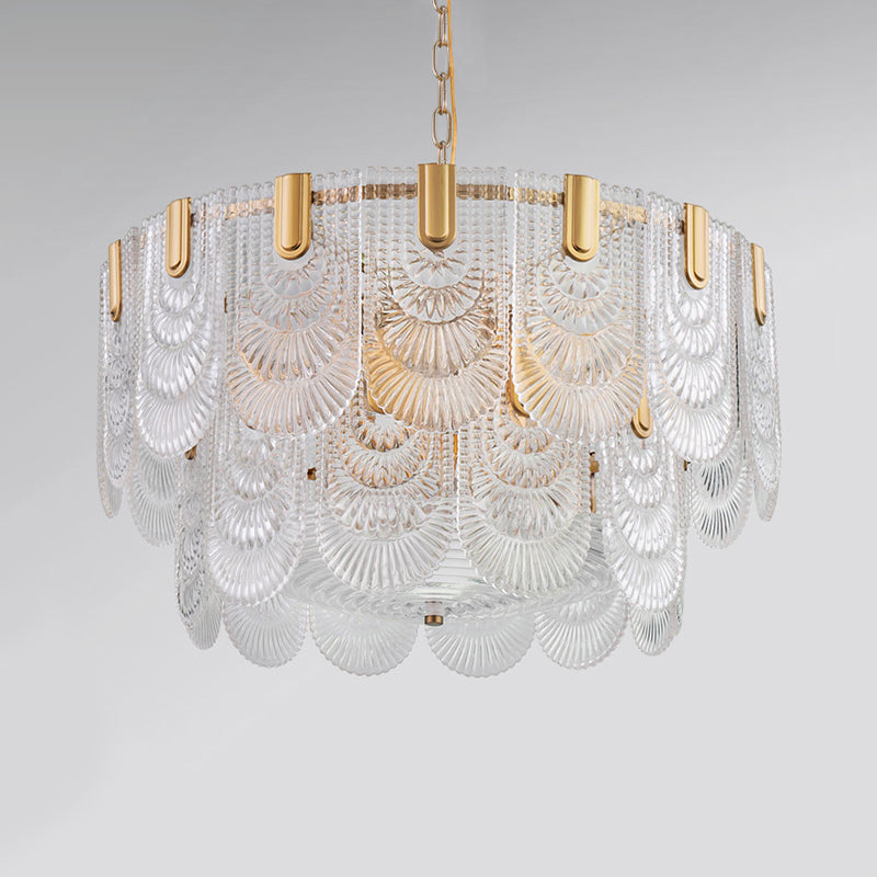 Clear Textured Glass Brass Drop Lamp - Scalloped Chandelier For Classic Dining Room