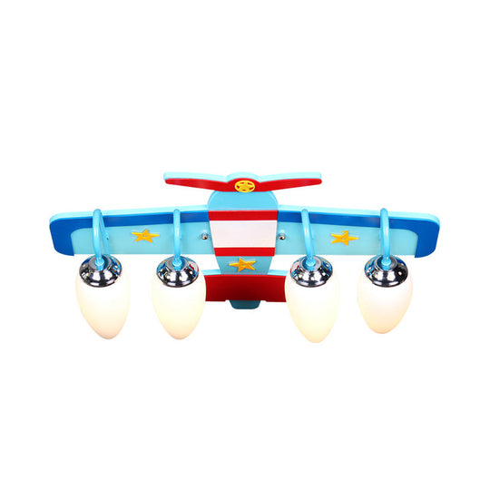 Blue Wooden Propeller Plane Ceiling Lamp With 4 Cartoon Heads - Theme Park Flush Mount Light