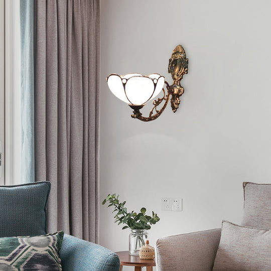 Floral Stained Glass Wall Sconce Light In Antique Brass - Blue/Beige Shade With 1 Head Mount Blue